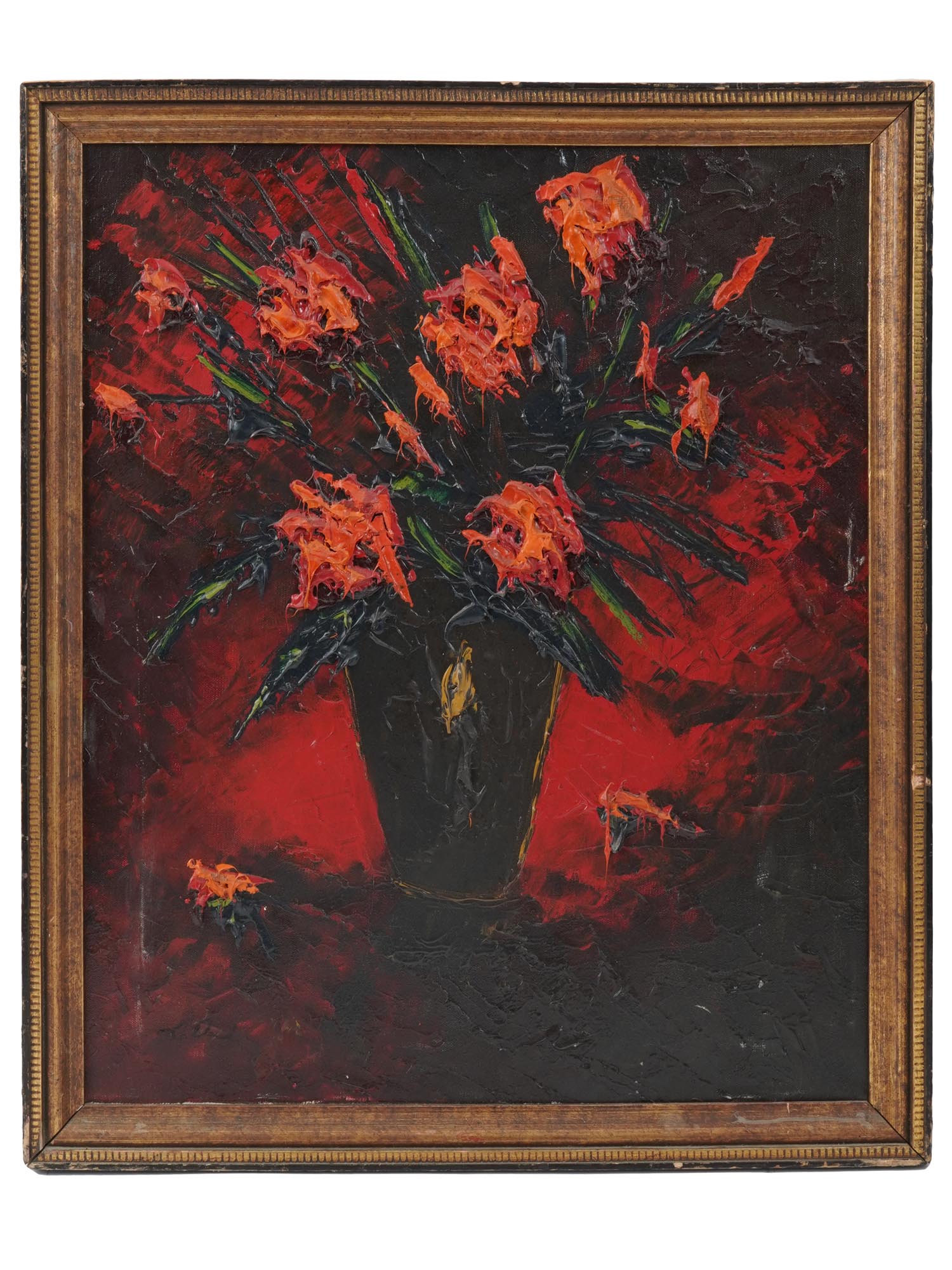 STILL LIFE IMPASTO PAINTING RED FLOWERS SIGNED PIC-0